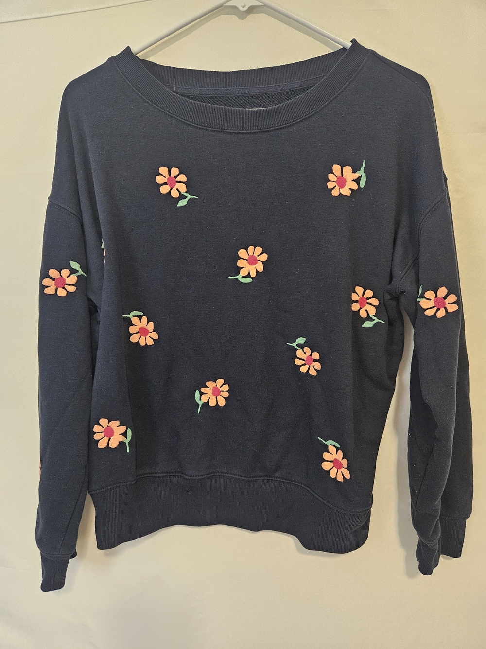 Lou & Grey Navy Sweatshirt with Orange Floral Appliqués Relaxed Fit Casual